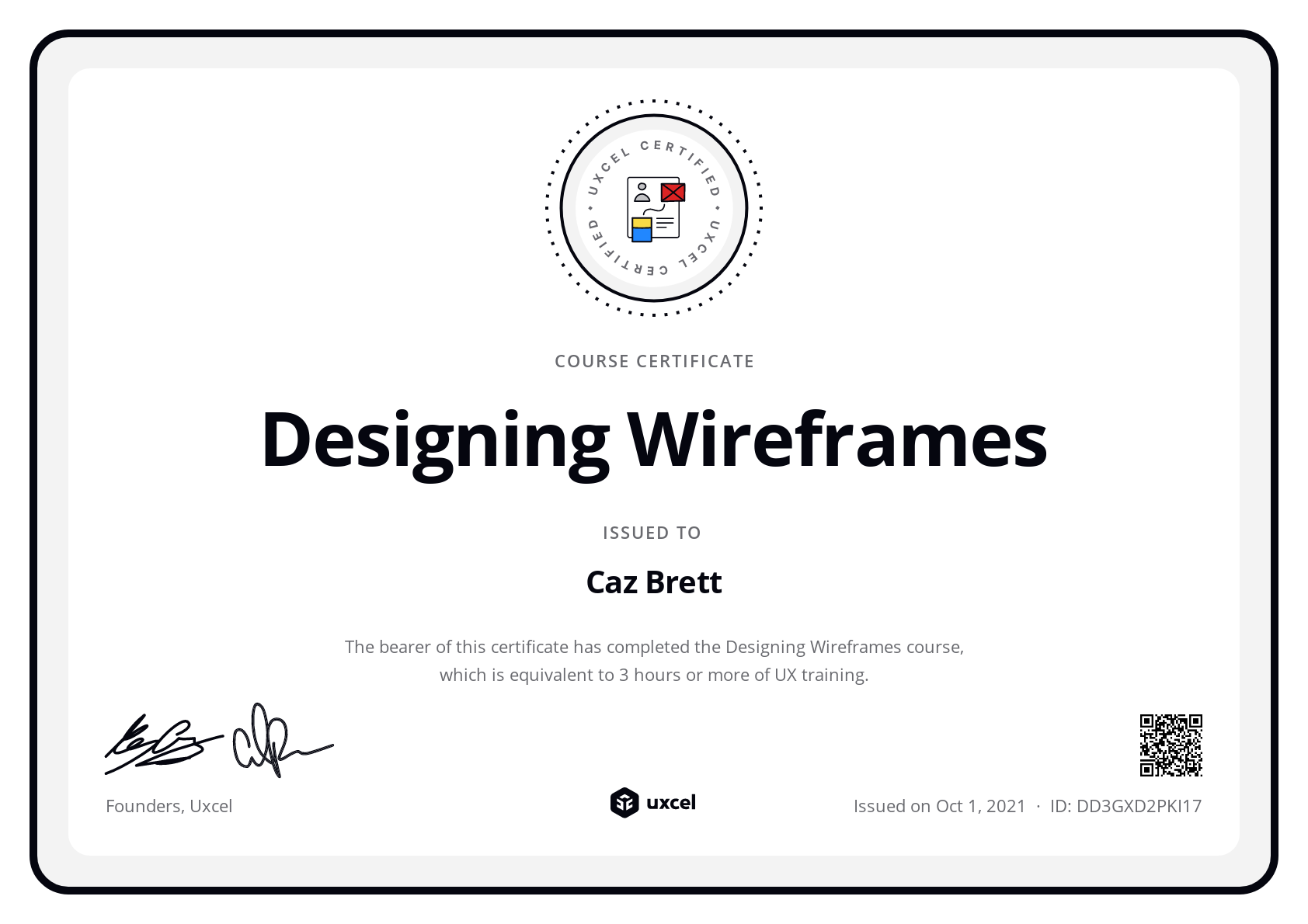 Caz Brett's certificate